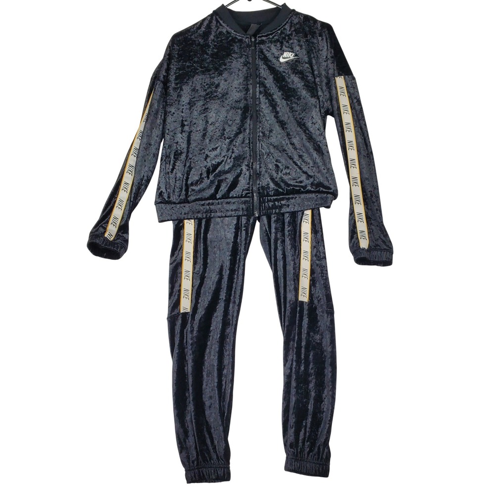 Nike Girls XL Crushed Velvet Tracksuit Set Black Jacket Joggers 2pc